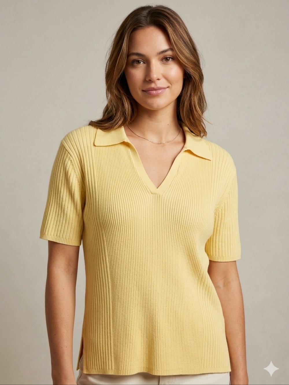 Cotton Ginny Ribbed Polo V-Neck Short-Sleeve